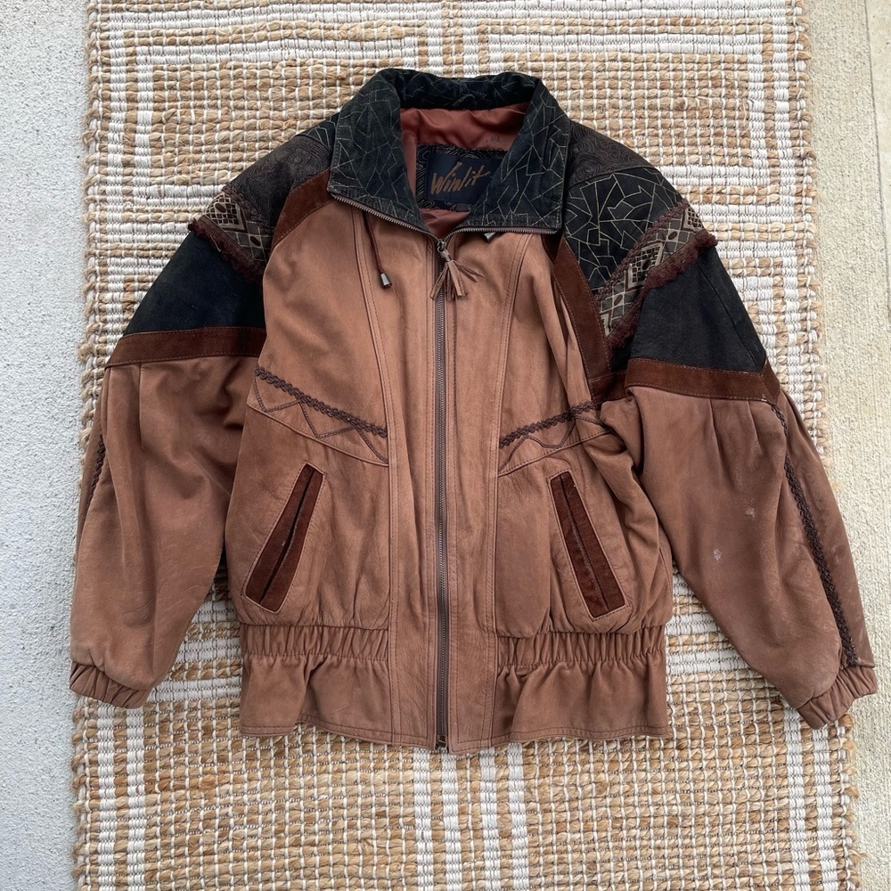 Vintage Winlit Leather Jacket Boho Patchwork Western Distressed Brown 90s - Picture 5 of 14
